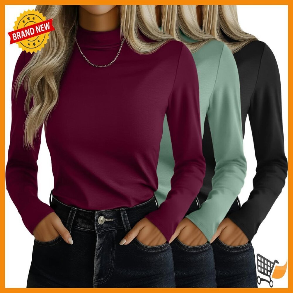 3 Pack Slim Fit Mock Turtleneck Tops Long Sleeve Stretch Tee Blouse
